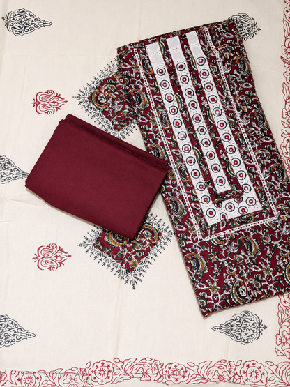 Maroon Floral Print Unstitched Salwar Suit with Ivory Printed Dupatta