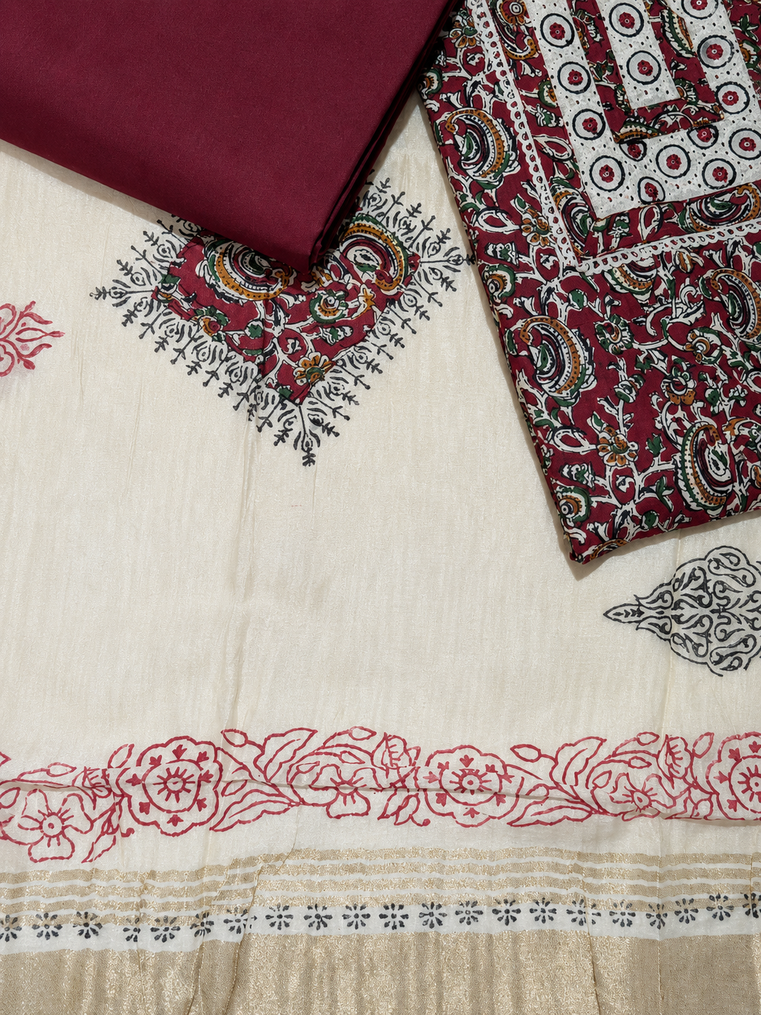 Maroon Floral Print Unstitched Salwar Suit with Ivory Printed Dupatta