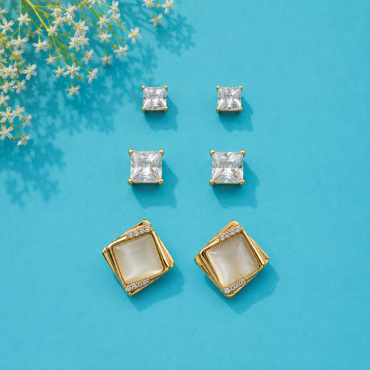 3 Pair Square Crystal Earrings Combo Set for Women | Geometric Gold Tone Stud Earrings Collection