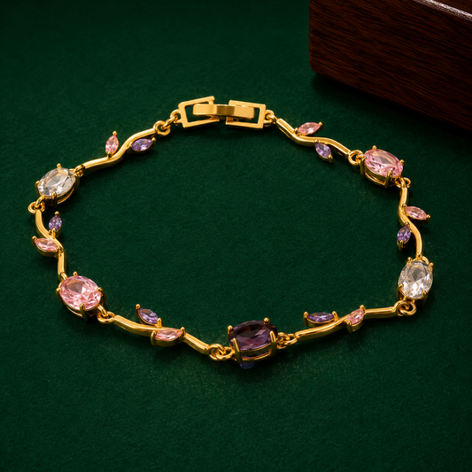 Gold-Tone Multicolor Crystal Bracelet for Women | Pink & Purple Stone Designer Bracelet