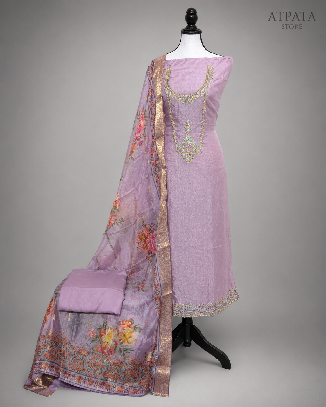 Lavender Embroidered Unstitched Salwar Suit with Floral Organza Dupatta