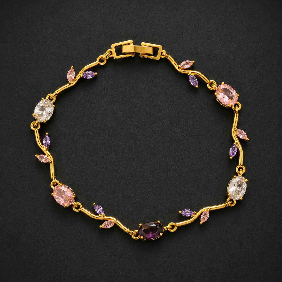 Gold-Tone Multicolor Crystal Bracelet for Women | Pink & Purple Stone Designer Bracelet