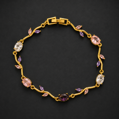 Gold-Tone Multicolor Crystal Bracelet for Women | Pink & Purple Stone Designer Bracelet