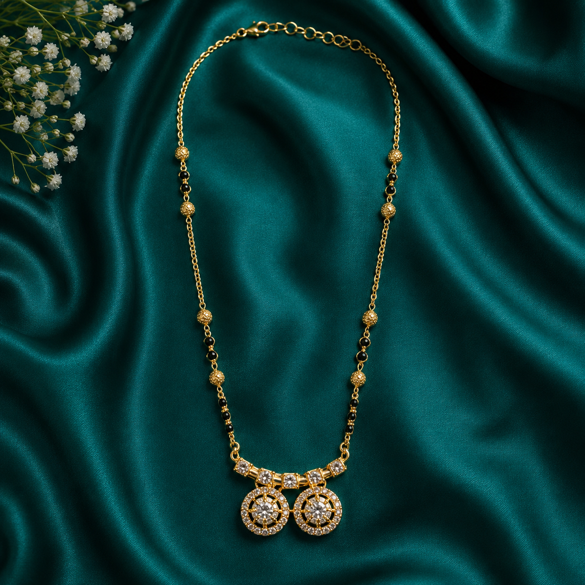 Gold-Tone Crystal Circle Pendant Necklace with Black Bead Accents
