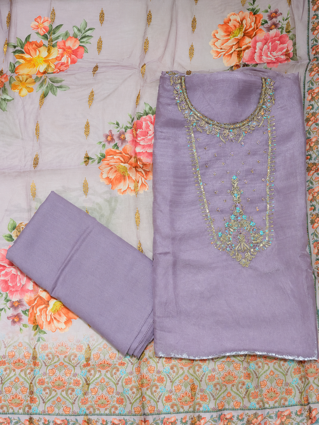 Lavender Embroidered Unstitched Salwar Suit with Floral Organza Dupatta