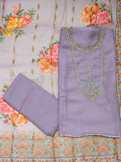 Lavender Embroidered Unstitched Salwar Suit with Floral Organza Dupatta