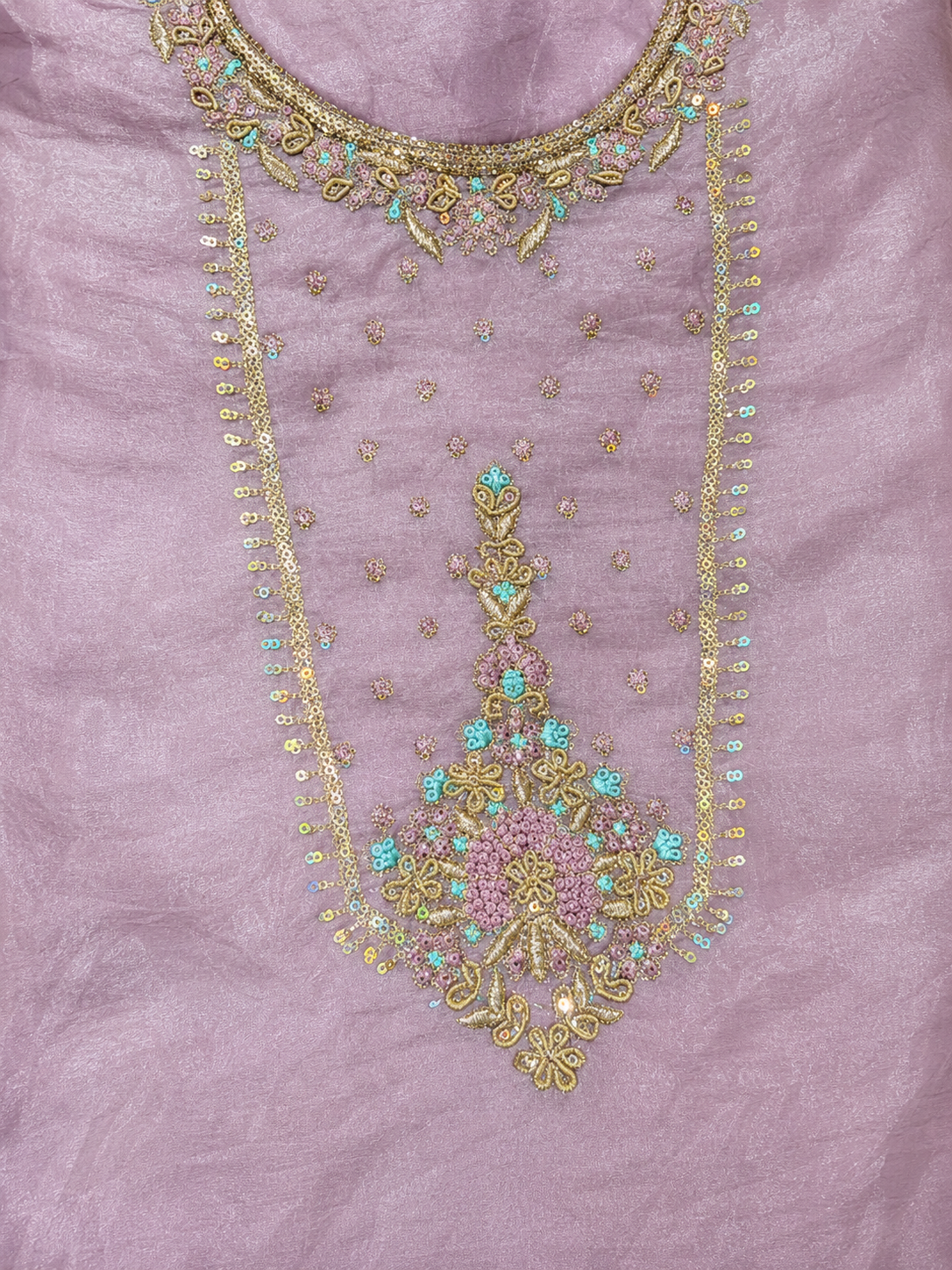 Lavender Embroidered Unstitched Salwar Suit with Floral Organza Dupatta