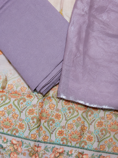Lavender Embroidered Unstitched Salwar Suit with Floral Organza Dupatta
