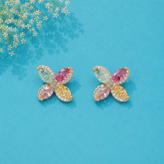Multicolor Crystal Floral Stud Earrings for Women | Butterfly Petal Designer Earrings