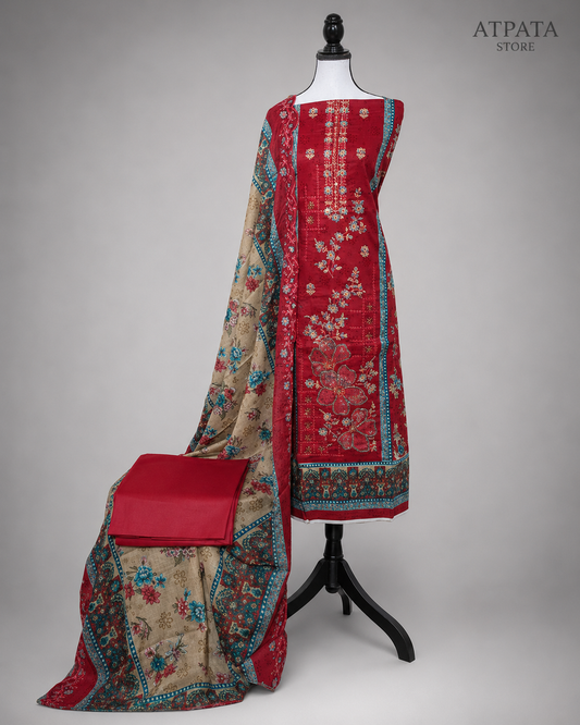 Ruby Red Floral Print Unstitched Salwar Suit with Designer Dupatta