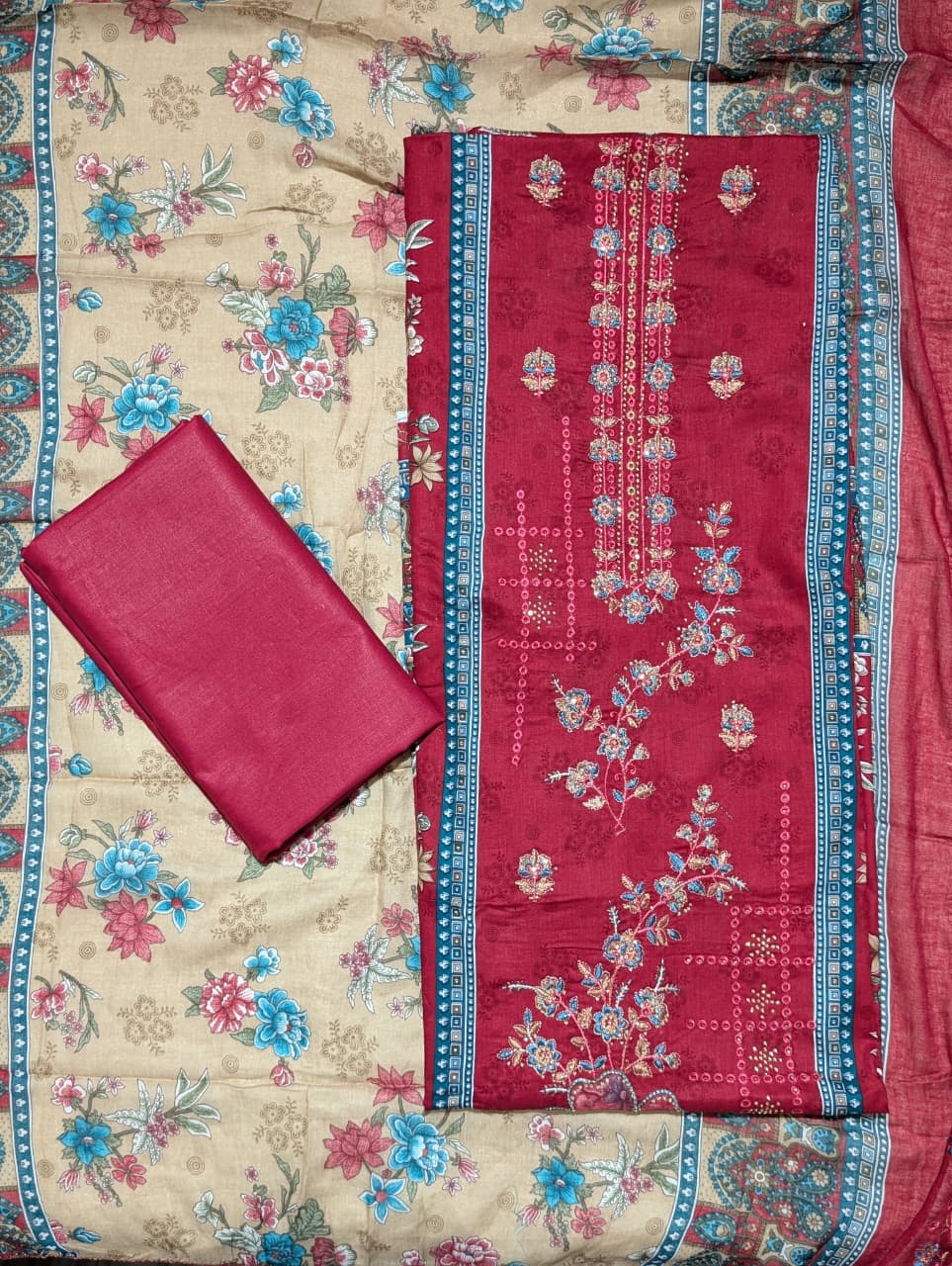 Ruby Red Floral Print Unstitched Salwar Suit with Designer Dupatta