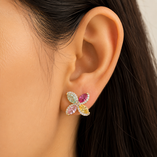 Multicolor Crystal Floral Stud Earrings for Women | Butterfly Petal Designer Earrings