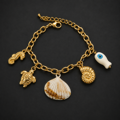 Gold-Tone Ocean Charm Bracelet for Women | Seashell, Turtle & Evil Eye Designer Bracelet