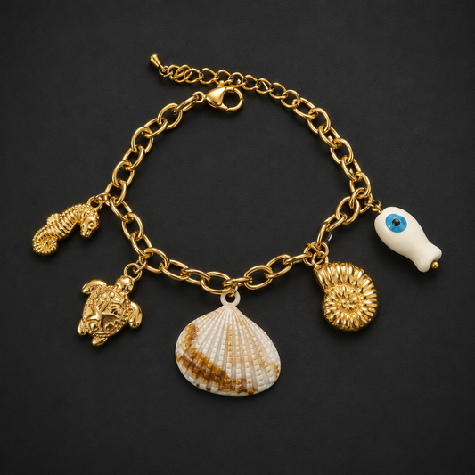 Gold-Tone Ocean Charm Bracelet for Women | Seashell, Turtle & Evil Eye Designer Bracelet
