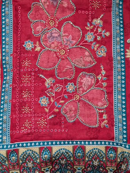 Ruby Red Floral Print Unstitched Salwar Suit with Designer Dupatta