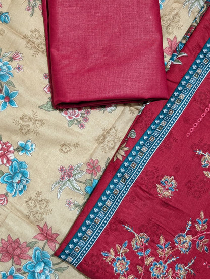 Ruby Red Floral Print Unstitched Salwar Suit with Designer Dupatta