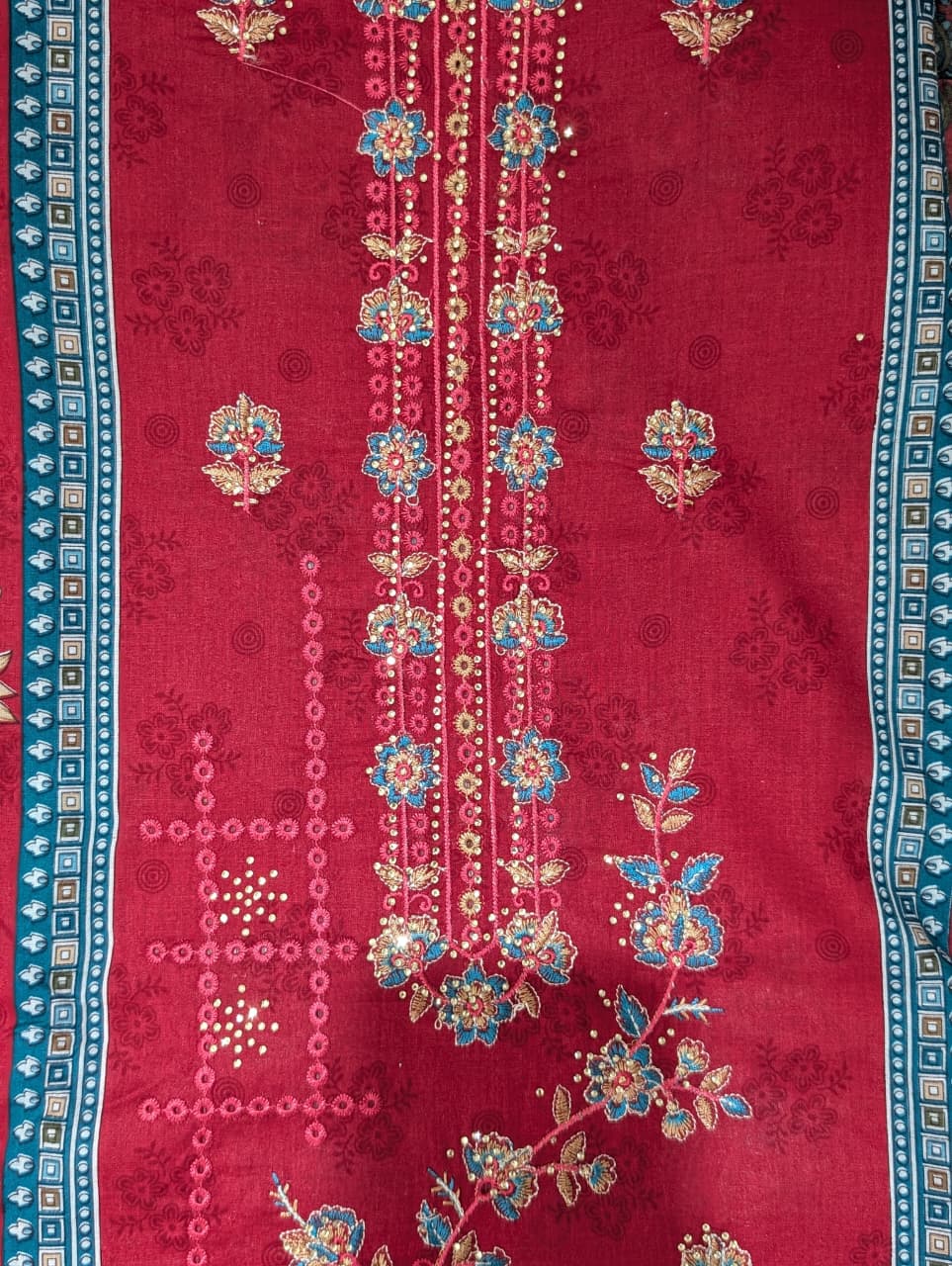 Ruby Red Floral Print Unstitched Salwar Suit with Designer Dupatta