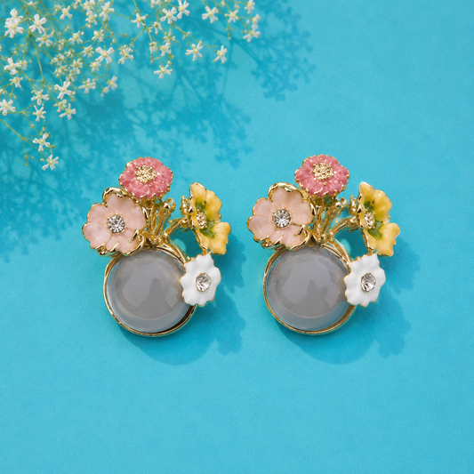 Floral Bouquet Statement Earrings for Women | Enamel Flower & Grey Stone Designer Earrings