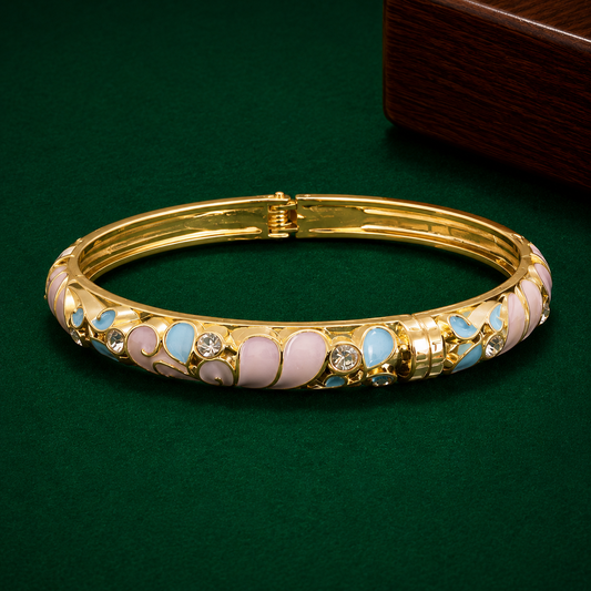 Gold-Tone Pastel Enamel Crystal Bangle for Women | Pink & Blue Designer Bracelet