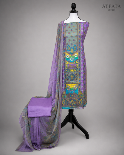 Lavender Multicolor Ethnic Print Unstitched Salwar Suit with Designer Dupatta
