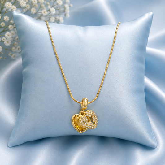 Gold Double Heart Pendant Necklace – Crystal Studded Romantic Charm Necklace