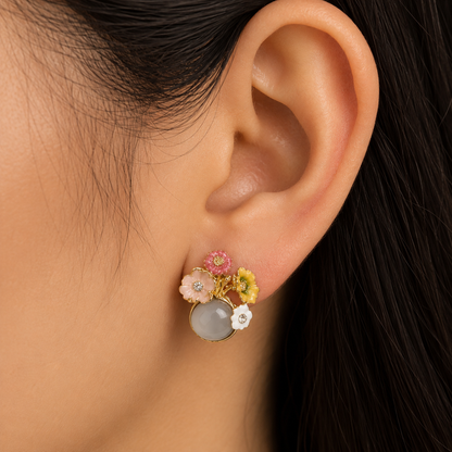 Floral Bouquet Statement Earrings for Women | Enamel Flower & Grey Stone Designer Earrings