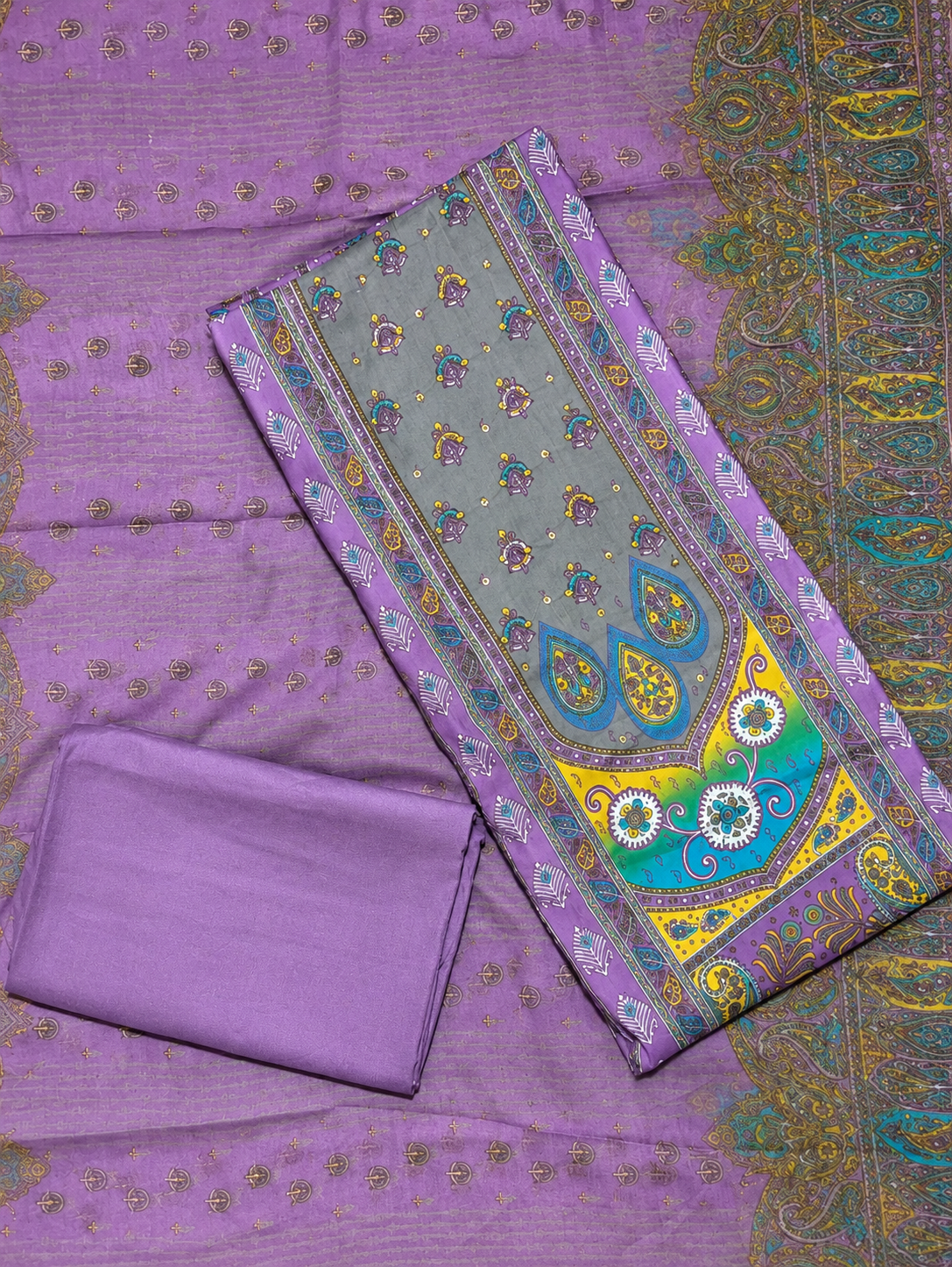 Lavender Multicolor Ethnic Print Unstitched Salwar Suit with Designer Dupatta