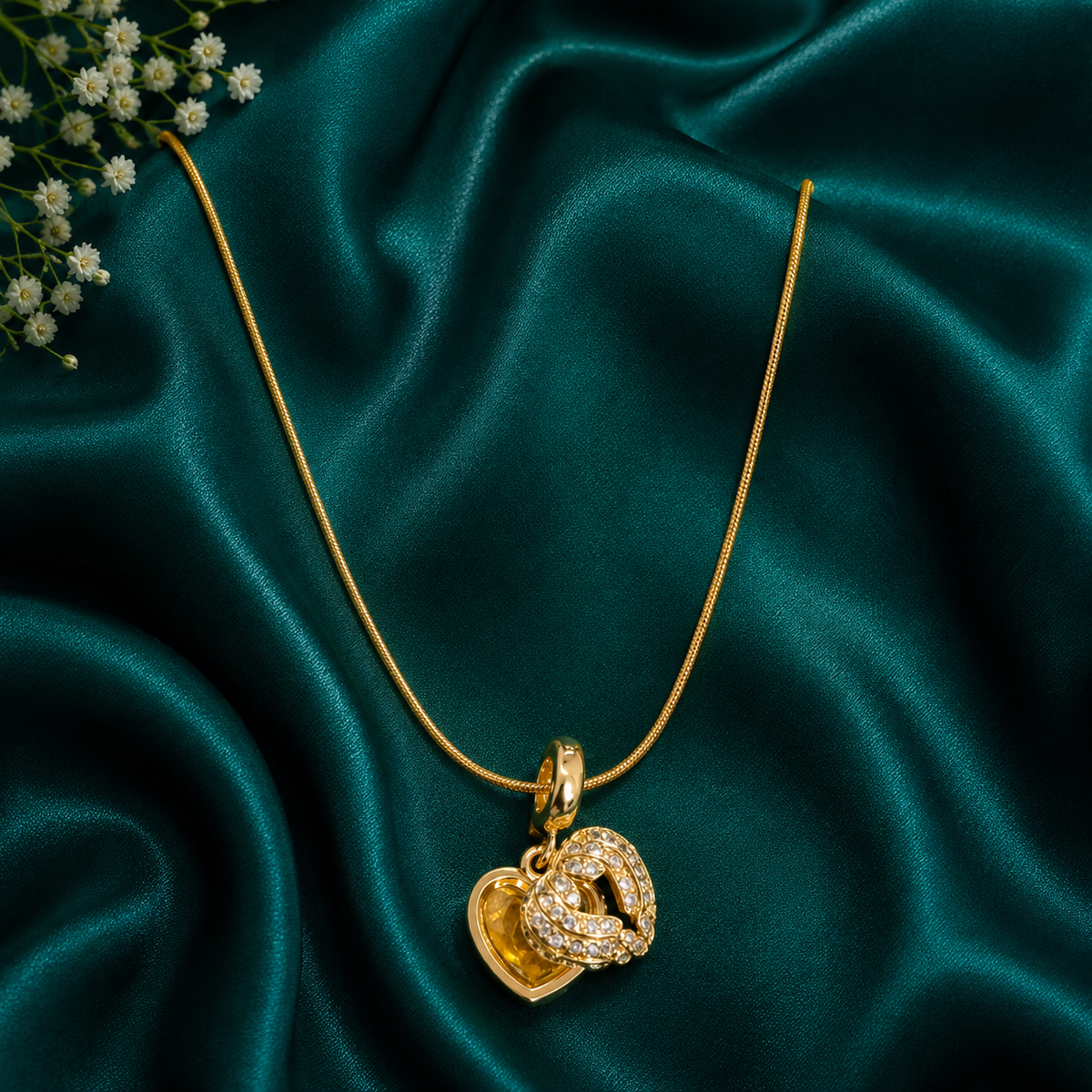 Gold Double Heart Pendant Necklace – Crystal Studded Romantic Charm Necklace