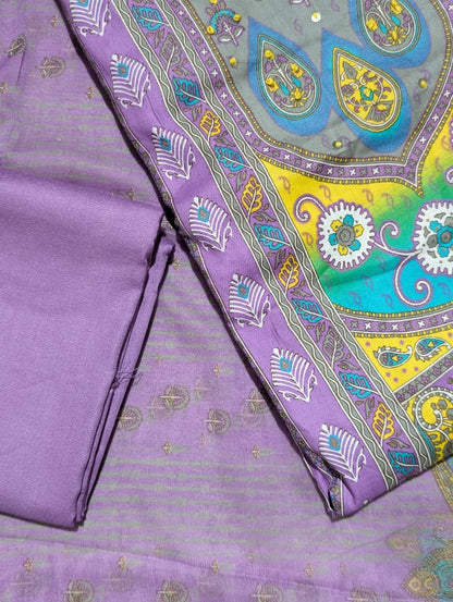 Lavender Multicolor Ethnic Print Unstitched Salwar Suit with Designer Dupatta