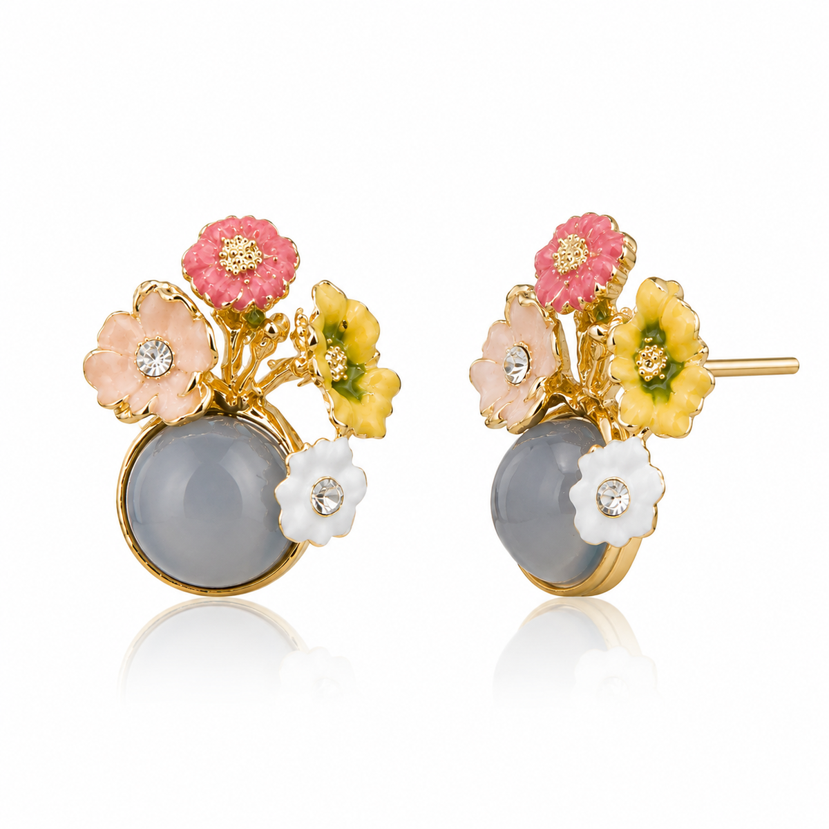 Floral Bouquet Statement Earrings for Women | Enamel Flower & Grey Stone Designer Earrings