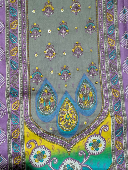 Lavender Multicolor Ethnic Print Unstitched Salwar Suit with Designer Dupatta