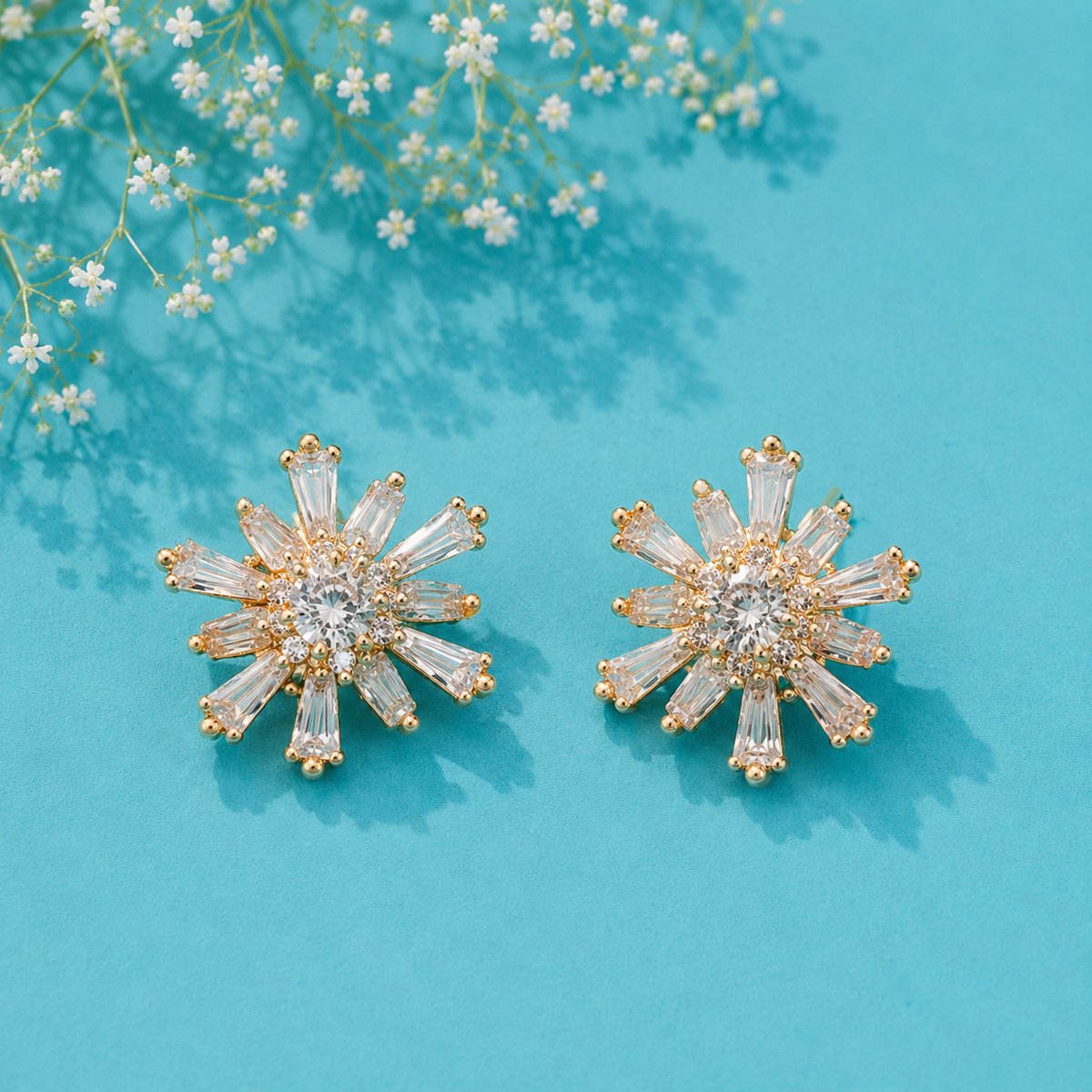 Crystal Sunburst Stud Earrings for Women | Gold Tone Radiant Star Designer Earrings