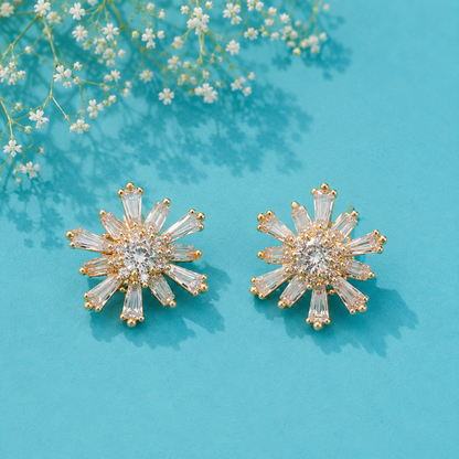 Crystal Sunburst Stud Earrings for Women | Gold Tone Radiant Star Designer Earrings