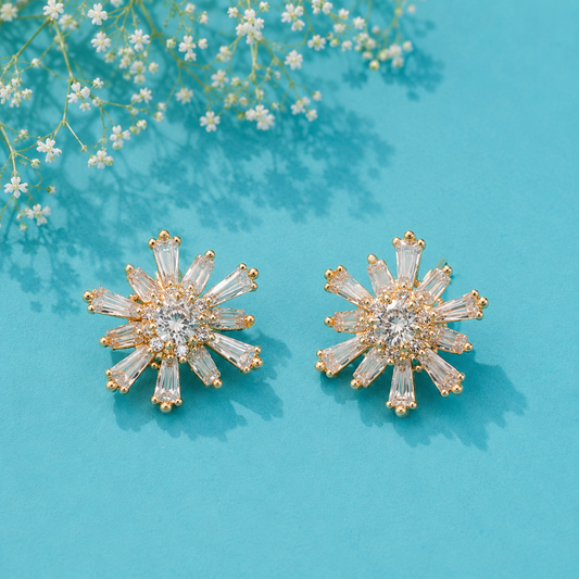 Crystal Sunburst Stud Earrings for Women | Gold Tone Radiant Star Designer Earrings