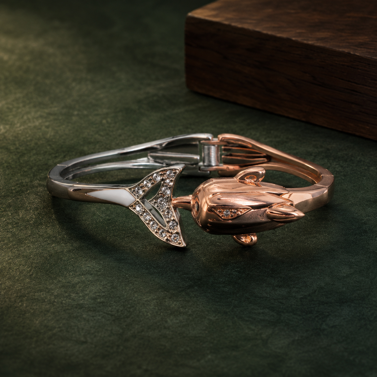 Rose Gold & Silver Crystal Fish Design Open Cuff Bracelet for Women