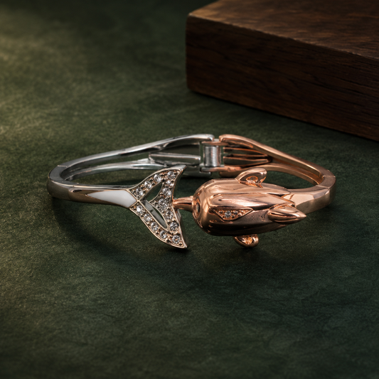 Rose Gold & Silver Crystal Fish Design Open Cuff Bracelet for Women