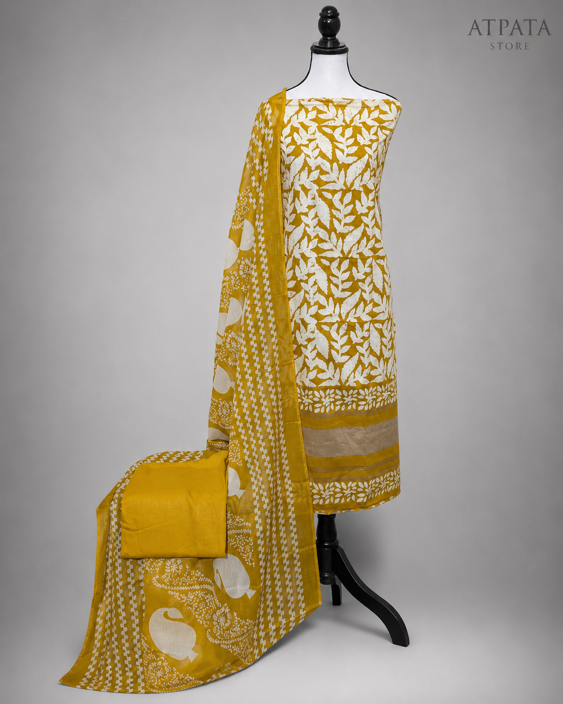 Mustard Yellow Leaf Print Unstitched Salwar Suit with Printed Dupatta