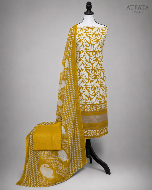 Mustard Yellow Leaf Print Unstitched Salwar Suit with Printed Dupatta