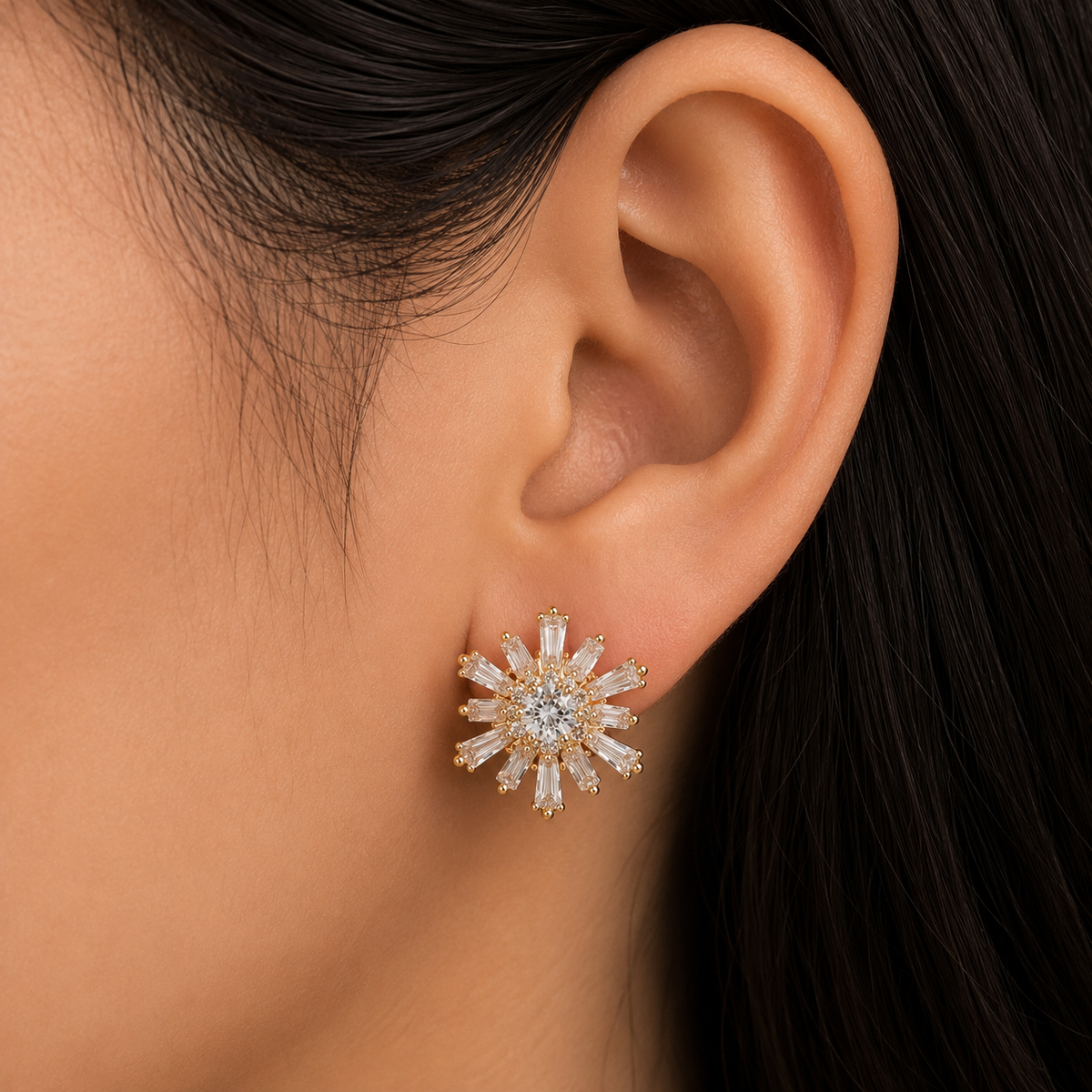Crystal Sunburst Stud Earrings for Women | Gold Tone Radiant Star Designer Earrings