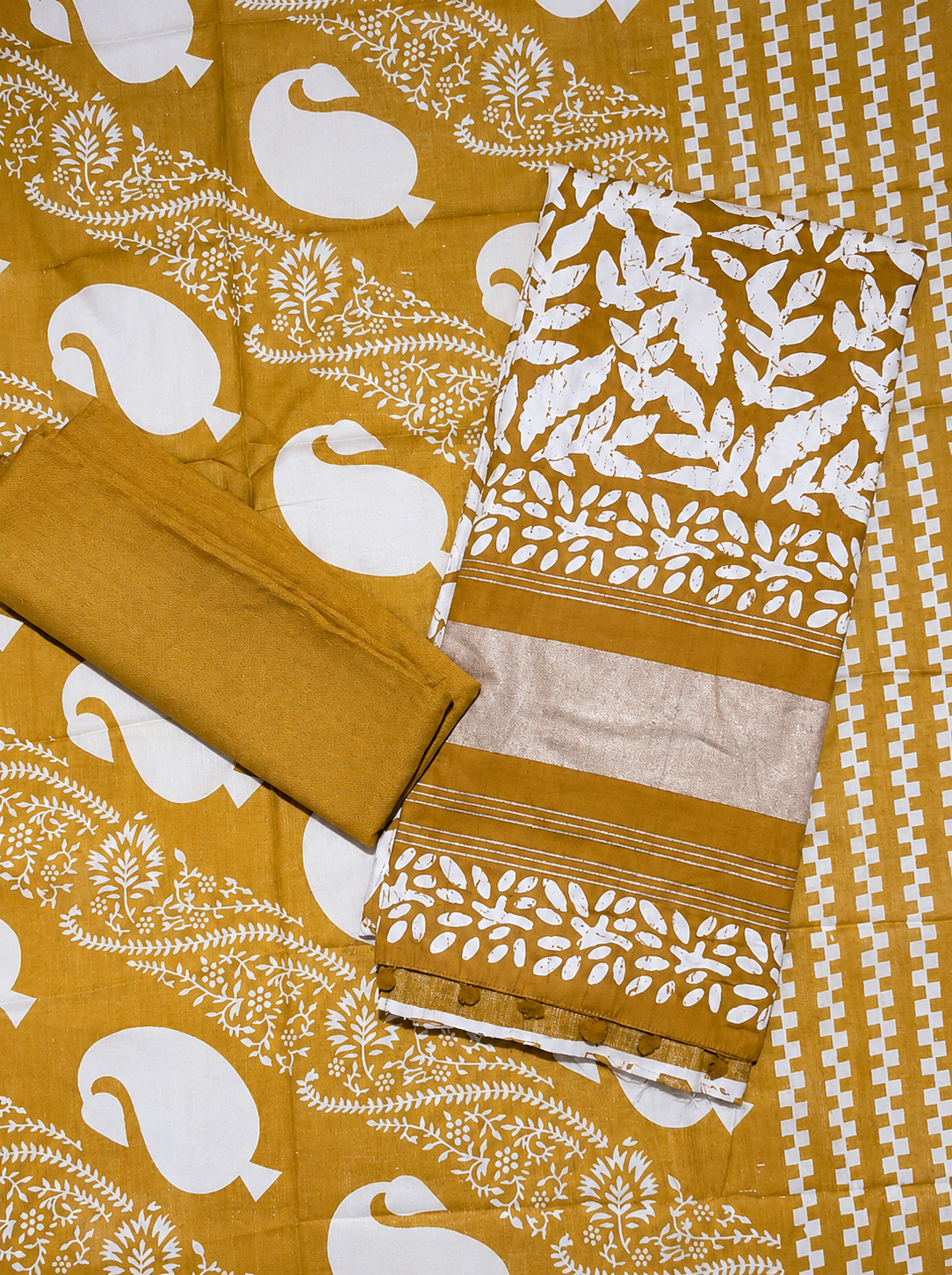 Mustard Yellow Leaf Print Unstitched Salwar Suit with Printed Dupatta