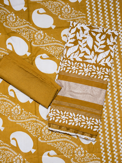 Mustard Yellow Leaf Print Unstitched Salwar Suit with Printed Dupatta