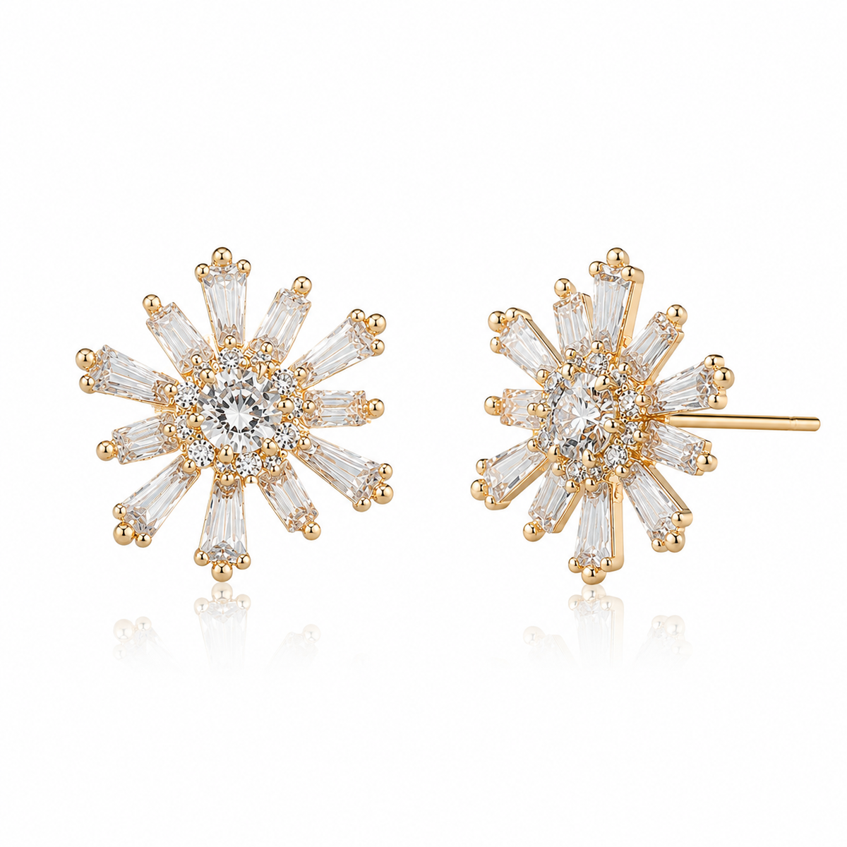 Crystal Sunburst Stud Earrings for Women | Gold Tone Radiant Star Designer Earrings