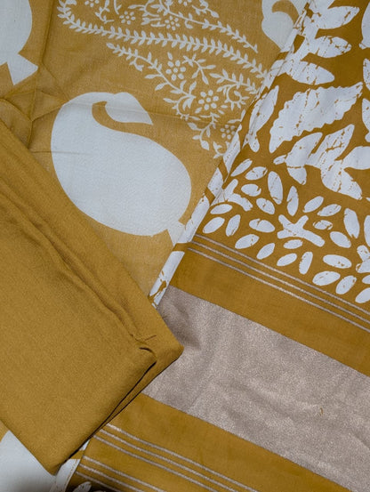 Mustard Yellow Leaf Print Unstitched Salwar Suit with Printed Dupatta