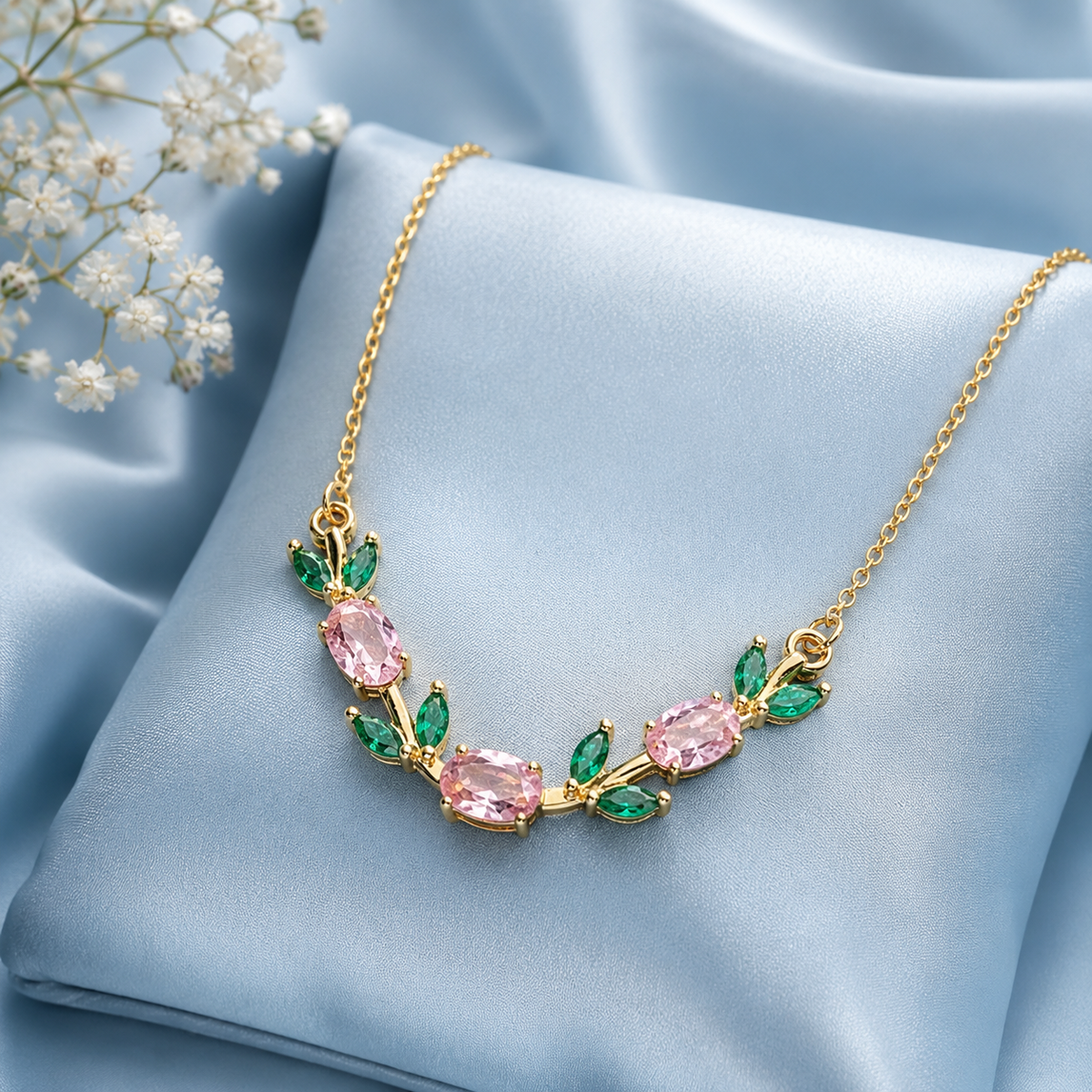 Pink & Emerald Crystal Floral Gold-Tone Necklace for Women