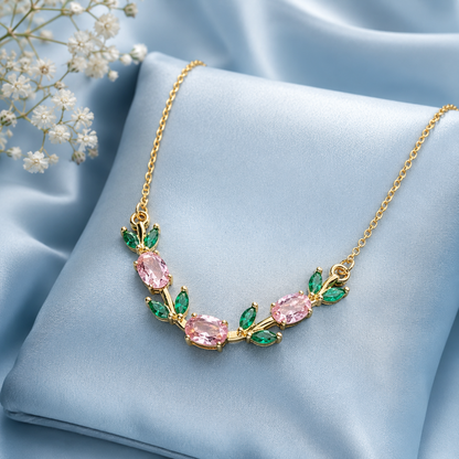 Pink & Emerald Crystal Floral Gold-Tone Necklace for Women