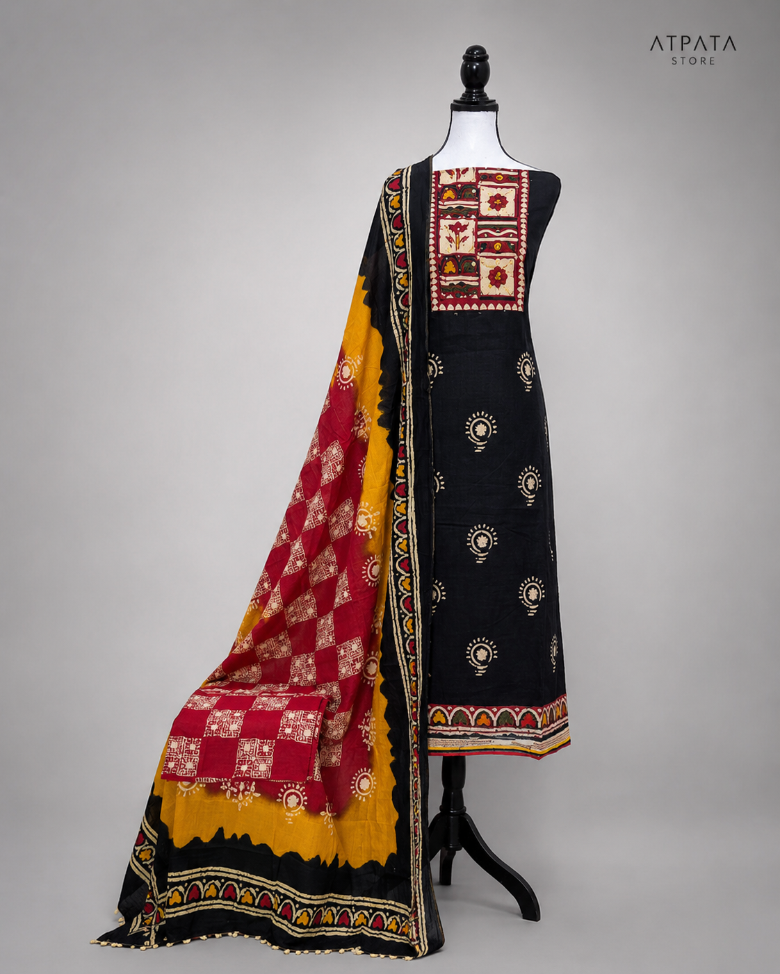 Handcrafted Printed Cotton Suit Set with Artistic Neck Panel & Matching Dupatta