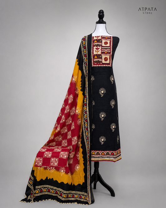Handcrafted Printed Cotton Suit Set with Artistic Neck Panel & Matching Dupatta