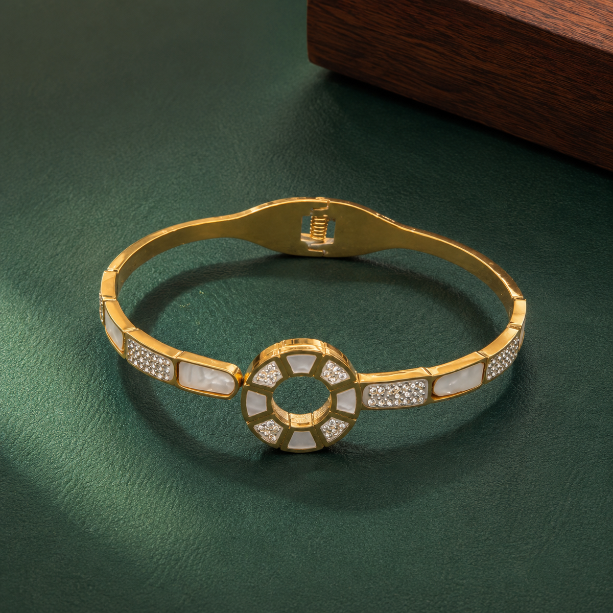 Luxury Gold-Tone Circular Crystal Bracelet for Women | White Enamel Designer Bangle