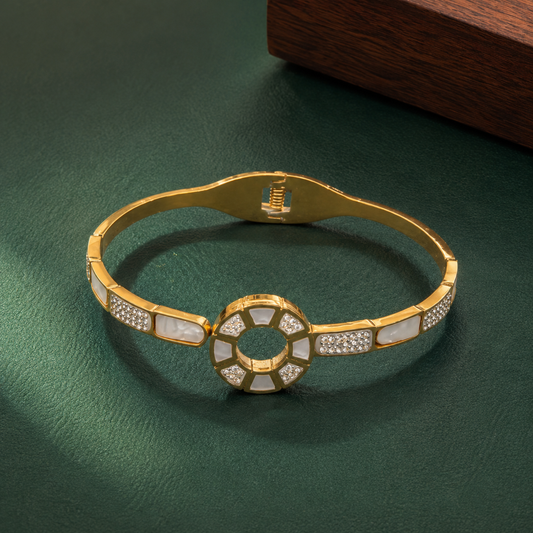 Luxury Gold-Tone Circular Crystal Bracelet for Women | White Enamel Designer Bangle