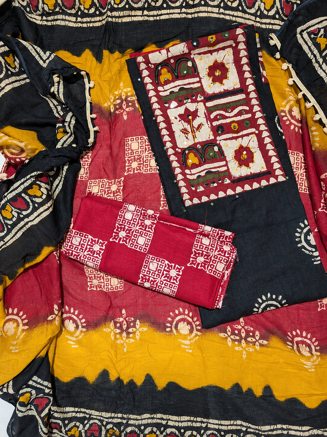 Handcrafted Printed Cotton Suit Set with Artistic Neck Panel & Matching Dupatta